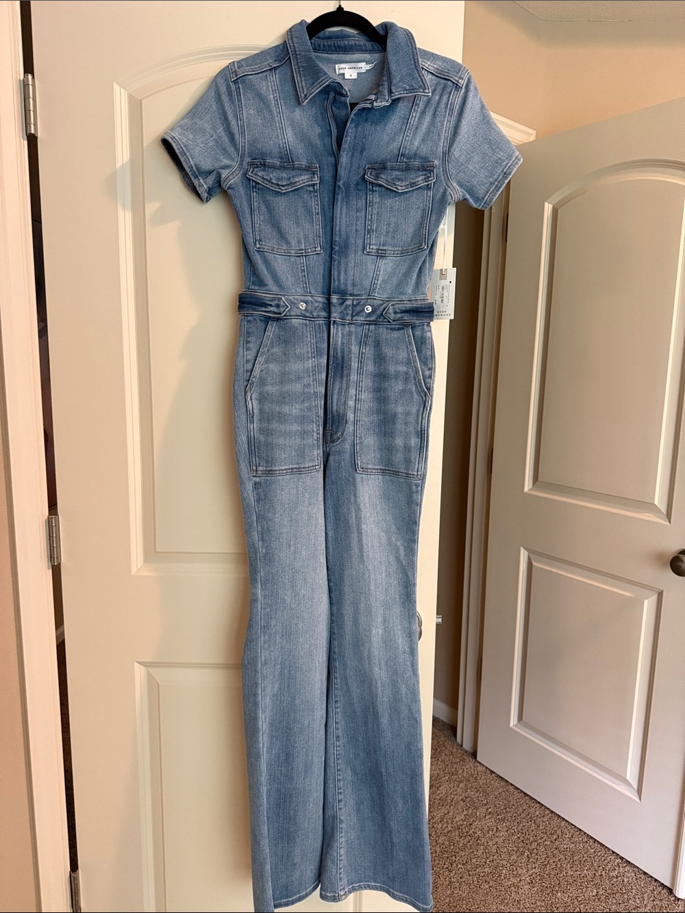 Good American Light Blue Denim Short-Sleeve Jumpsuit